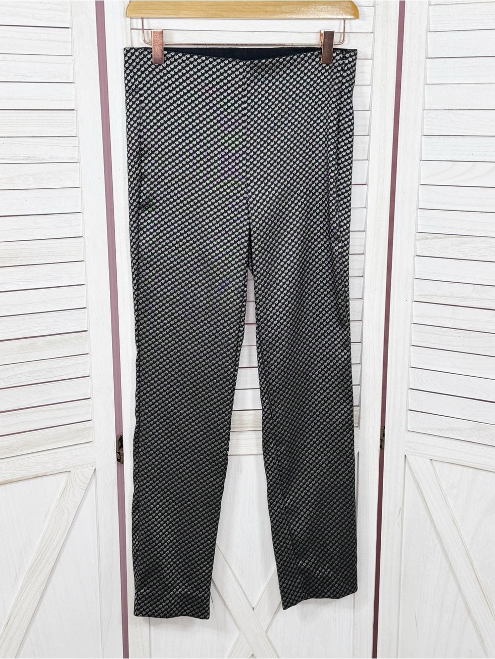 White House Black Market Slim Fit Jacquard Pants Trousers Black Silver 2 Short